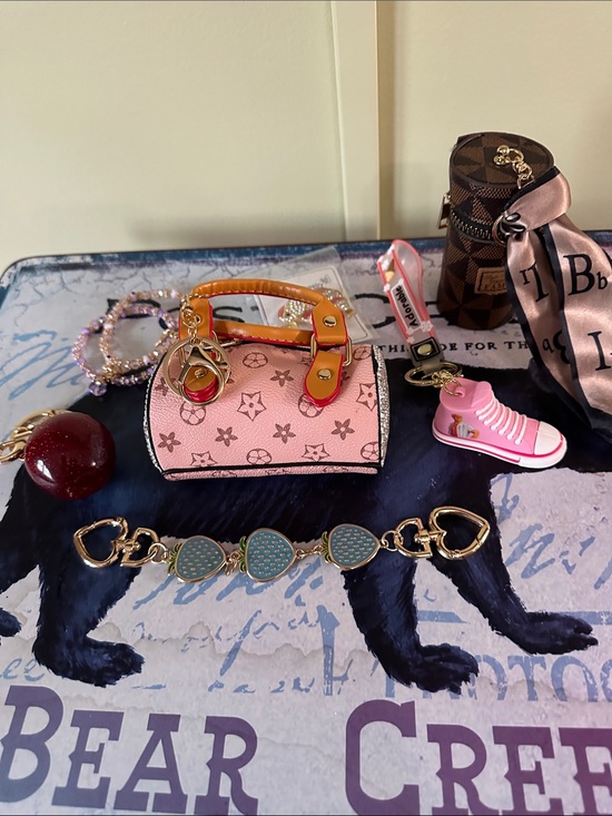 Custom Variety Pack Accessories - Pink Mini Designer-Inspired Kids Handbag Keychain with Gold Accents 8 pieces
